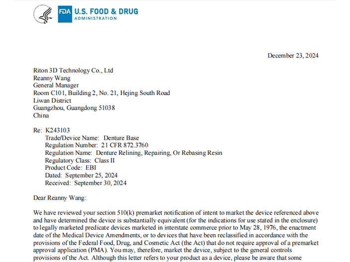 Good News in the New Year! Another Riton Photosensitive Resin Got The FDA Certification